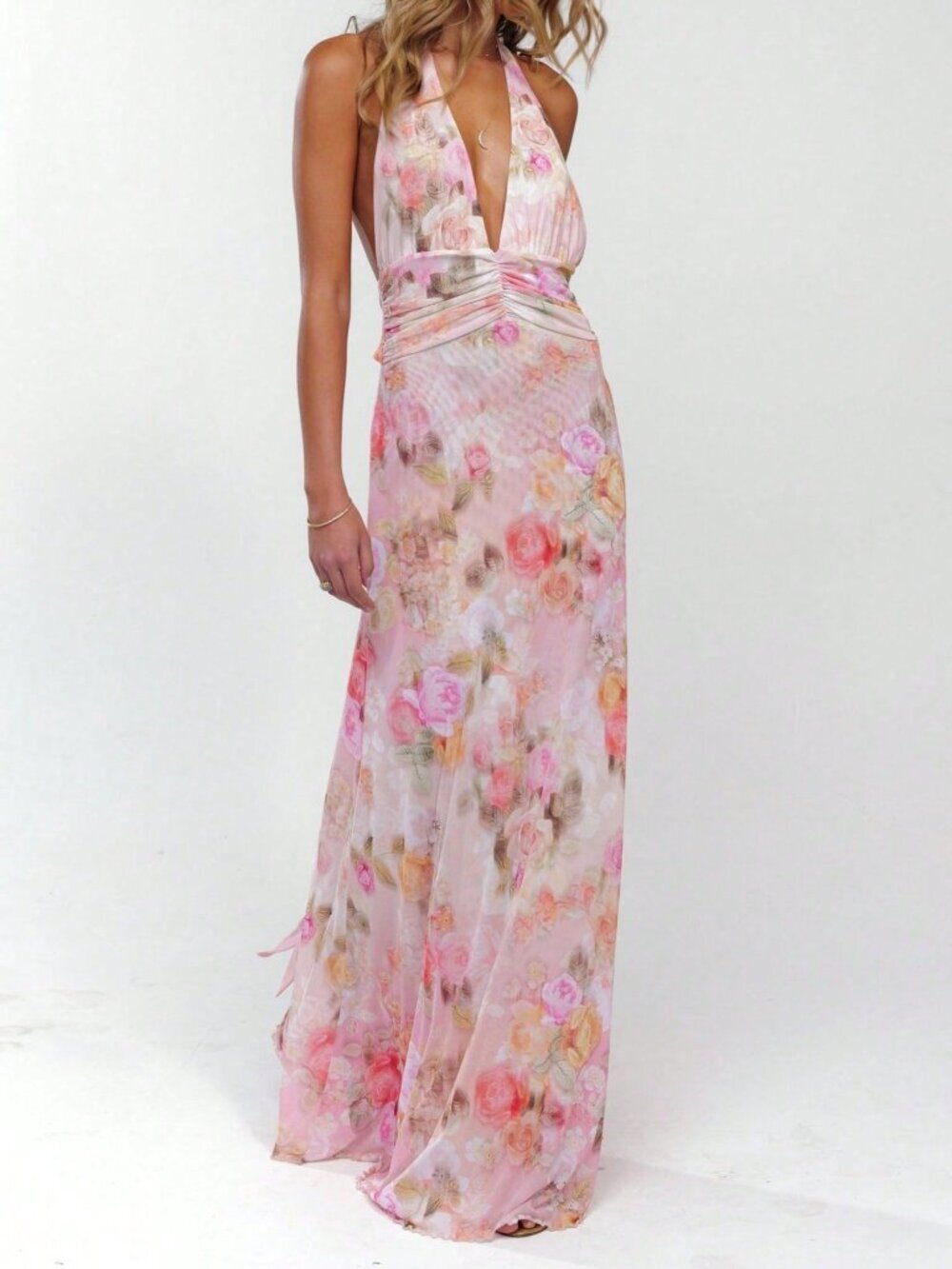 Pink Boho Women's Floral Print Halter Maxi Bodycon Dress